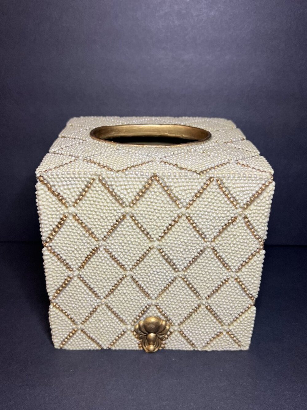 Cream & Gold Faux Pearl Embellished Geometric Lattice Square Tissue Box Cover